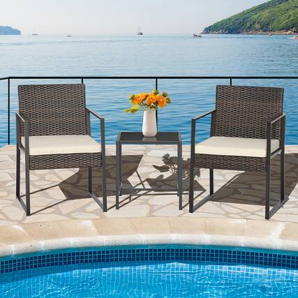 Front. Gymax - Gymax 3PCS Patio Rattan Hand-Woven PE Wicker Bistro Set Outdoor Furniture Set w/ Table & Cushion - Off White.