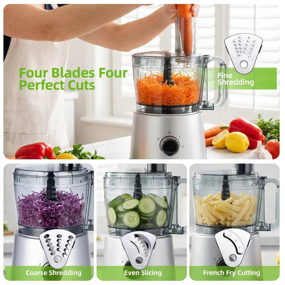 Four Blades Four Perfect Cuts

1. Fine Shredding
2. Coarse Shredding
3. Even Slicing
4. French Fry Cutting