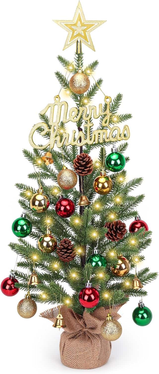 RTMB - 2FT Mini Christmas Tree with LED Lights, PE Branch Tips & Burlap Bas - Green