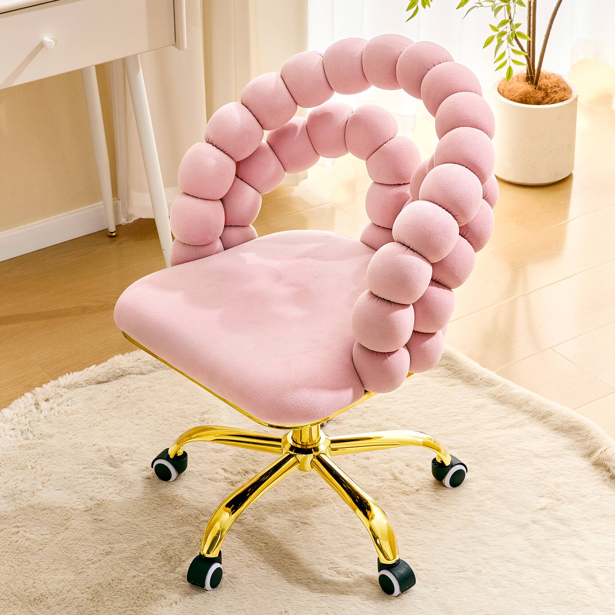 Angle. Loheer - Loheer- Vanity Chair Pink Velvet Bubble Swivel Rolling Makeup Chair for Bedroom Home Office with Gold Base 2 ft - Gold,Pink.