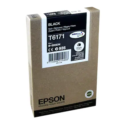 EPS 02 T6171 HOVT BLACK / Nero Schwarz / Negro Noir / Preto / Zwart
DURAS Ultra T6171
For: B-500DN
N86 High CE CAPACITY - 100ml
USPTAM U.S 7.244.334
6,832,300
725
C13T817100
SAPAN MADE - 715946
419466
8 EAN
adde
EPSON
YOUR VISION EXCEED
Epson Progul Gensene