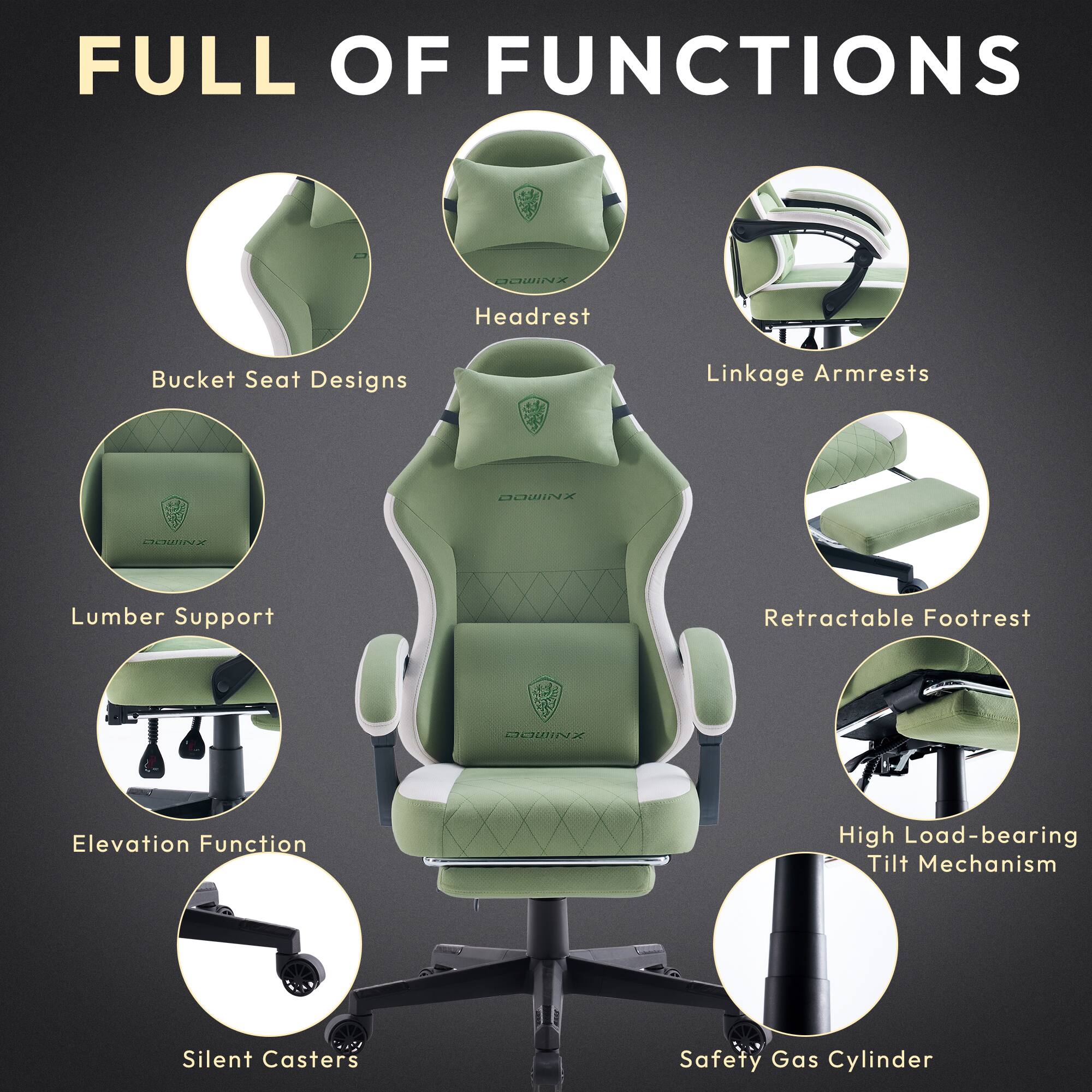 FULL OF FUNCTIONS

- Bucket Seat Designs
- Headrest
- Linkage Armrests
- Lumber Support
- Retractable Footrest
- Elevation Function
- High Load-bearing Tilt Mechanism
- Silent Casters
- Safety Gas Cylinder