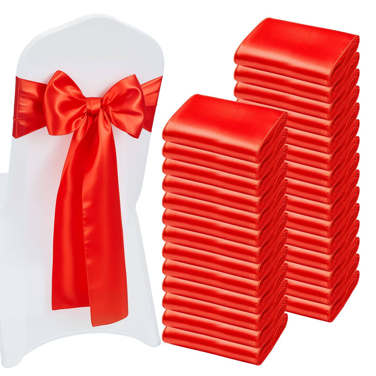 Front. VEVOR - Satin Chair Sashes Bows, 100PCS Chair Ribbon Ties Back Sash, 7 x 108 inch, Red Wedding Reception Decoration - Red.