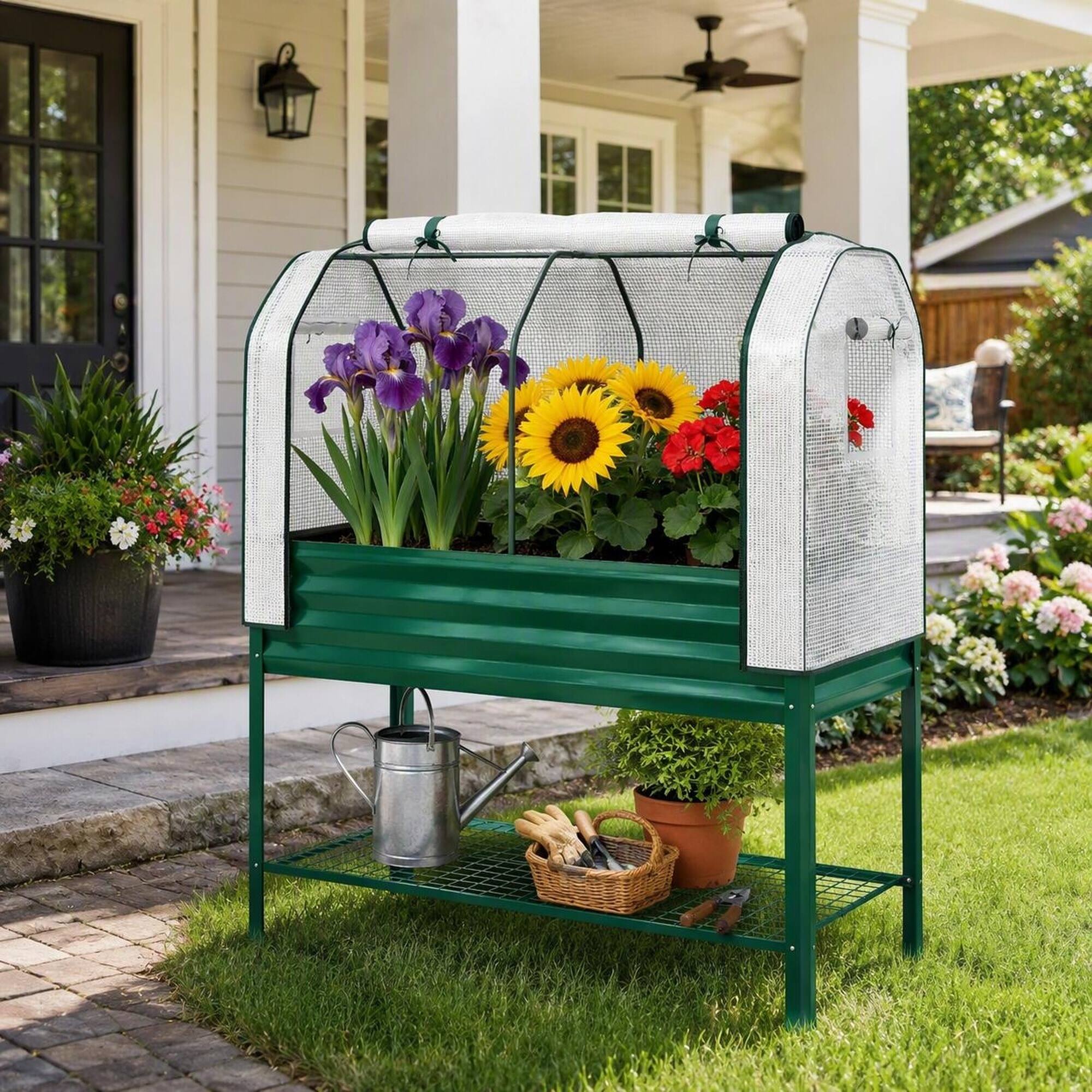 Alt View 1. RYHNUYNE - Raised Garden Bed with Greenhouse Cover, Galvanized Metal Planter Box on Legs with Mesh Shelf, 44 Gallon Outdoor - Green.