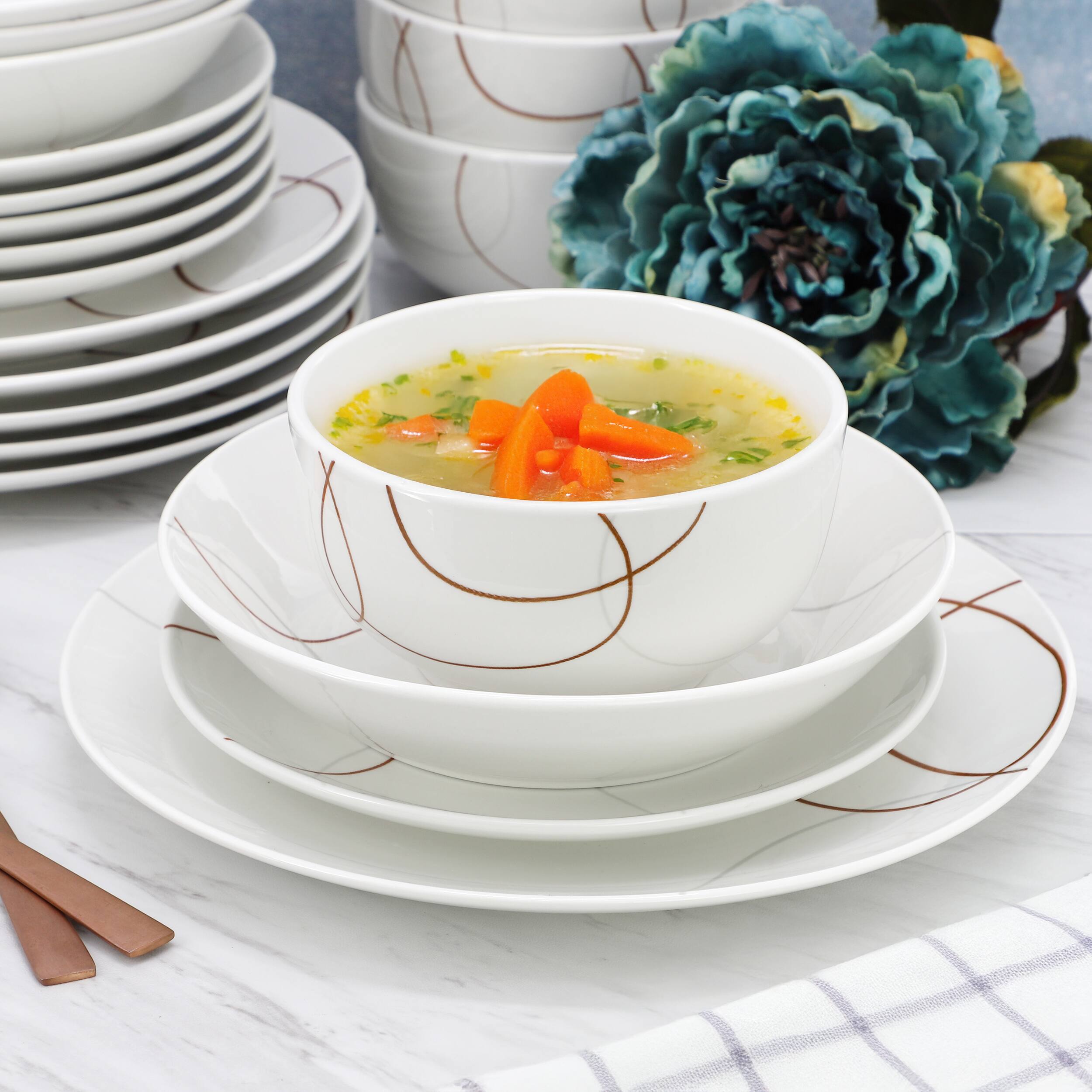 Alt View 4. Elama - Elama Sydney 16 Piece Porcelain Double Bowl Dinnerware Set, Service for 4 - White and Brown.