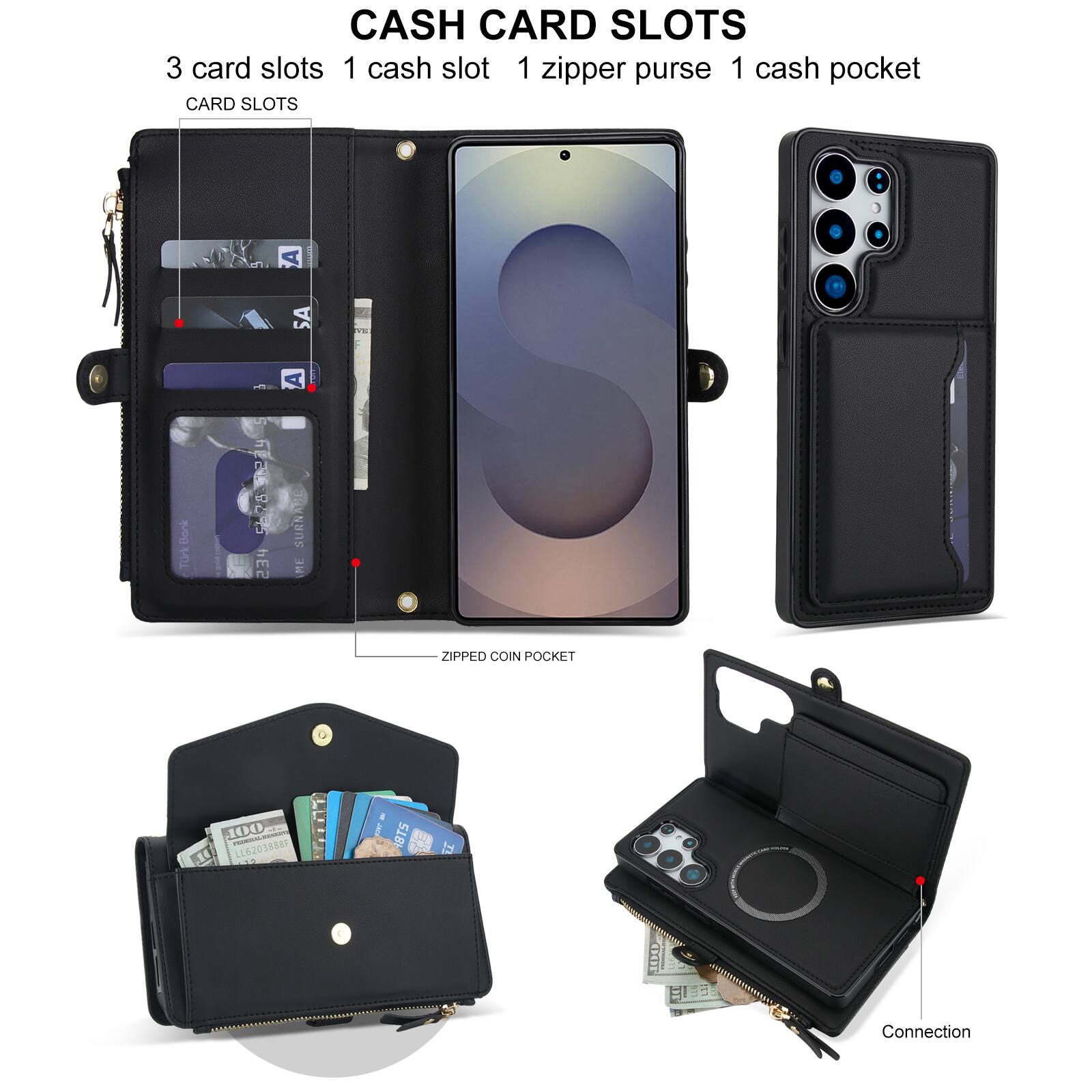 CASH CARD SLOTS  
3 card slots  
1 cash slot  
1 zipper purse  
1 cash pocket  

CARD SLOTS  

ZIPPED COIN POCKET  

Connection