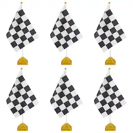 Unique Bargains - 6pcs 12" B/W Checkered Table Flag for Racing/Sport Party, White Plastic Stick & Gold Square Base - Black and White Flag, Gold Base