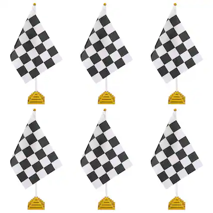 Front. Unique Bargains - 6pcs 12" B/W Checkered Table Flag for Racing/Sport Party, White Plastic Stick & Gold Square Base - Black and White Flag, Gold Base.