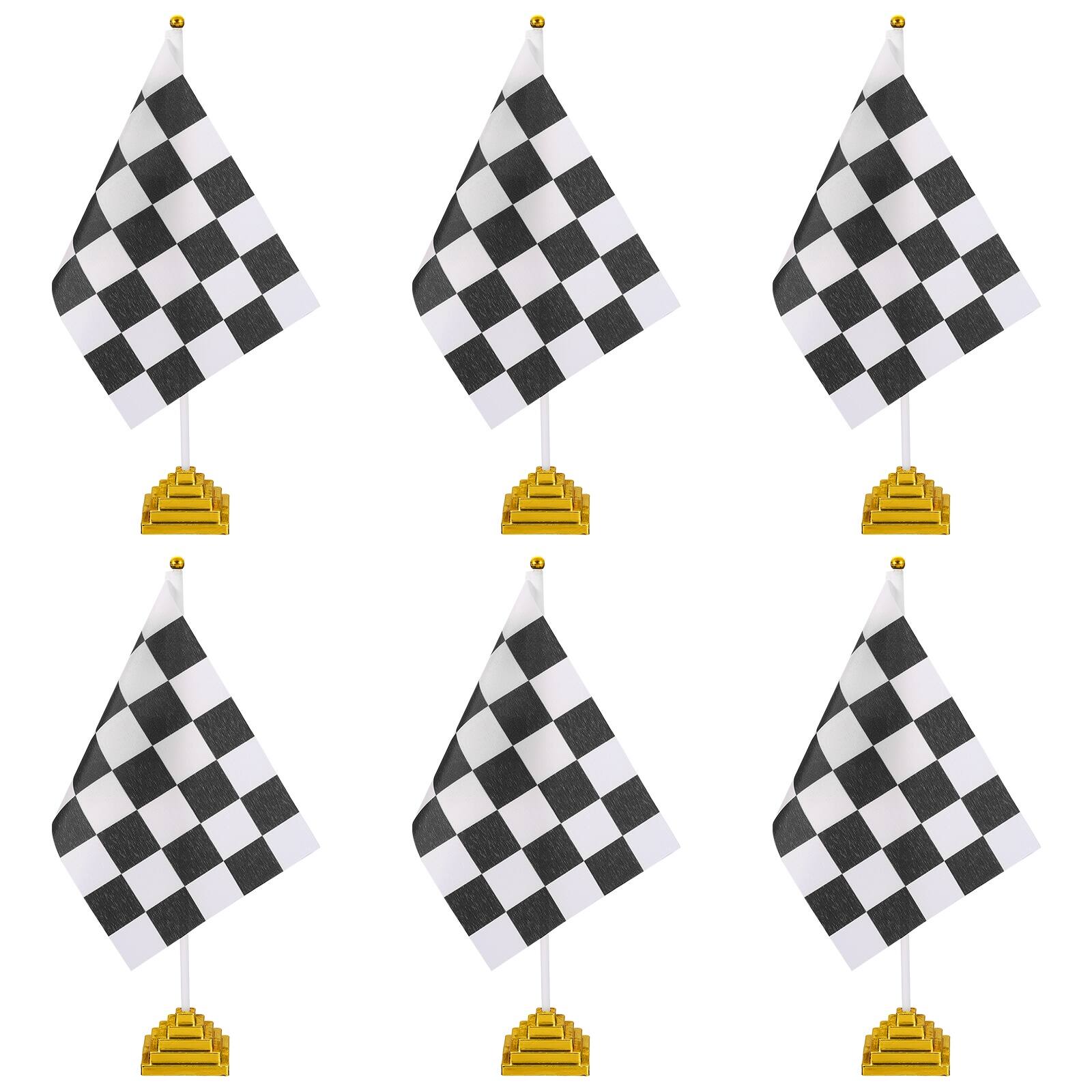 Front. Unique Bargains - 6pcs 12" B/W Checkered Table Flag for Racing/Sport Party, White Plastic Stick & Gold Square Base - Black and White Flag, Gold Base.