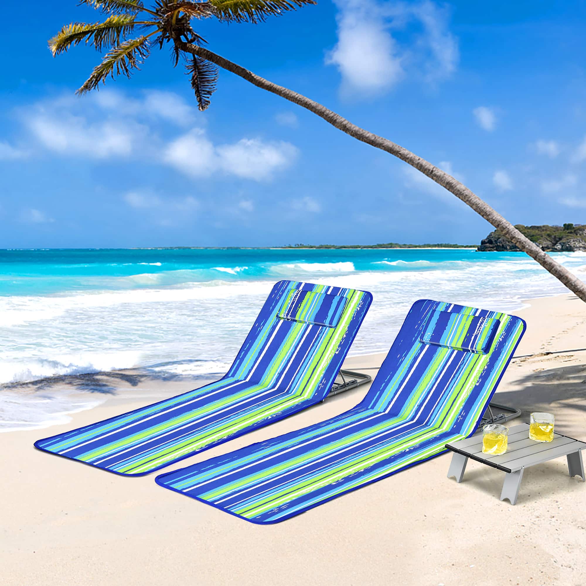 Costway - 3-Piece Beach Lounge Chair Mat Set 2 Adjustable Lounge Chairs with Table - Stripe