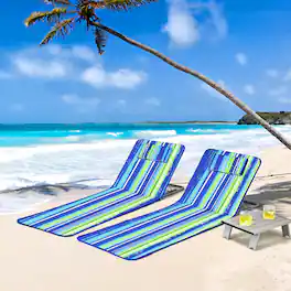 Costway - 3-Piece Beach Lounge Chair Mat Set 2 Adjustable Lounge Chairs with Table - Stripe