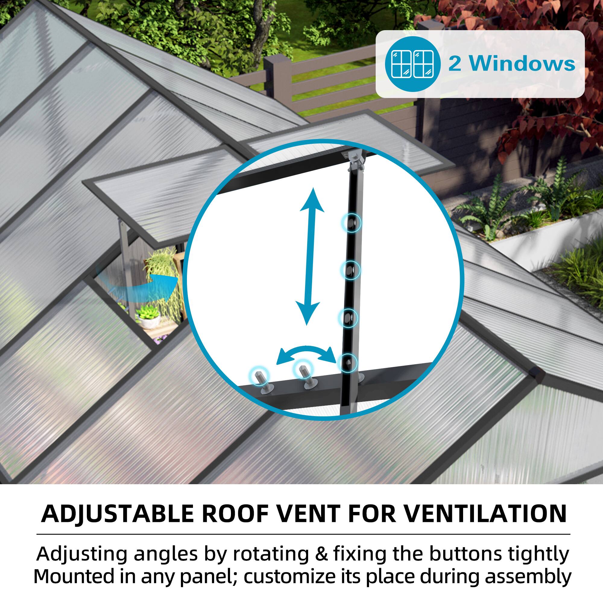 2 Windows Adjustable Roof Vent for Ventilation  
Adjusting angles by rotating & fixing the buttons tightly  
Mounted in any panel; customize its place during assembly