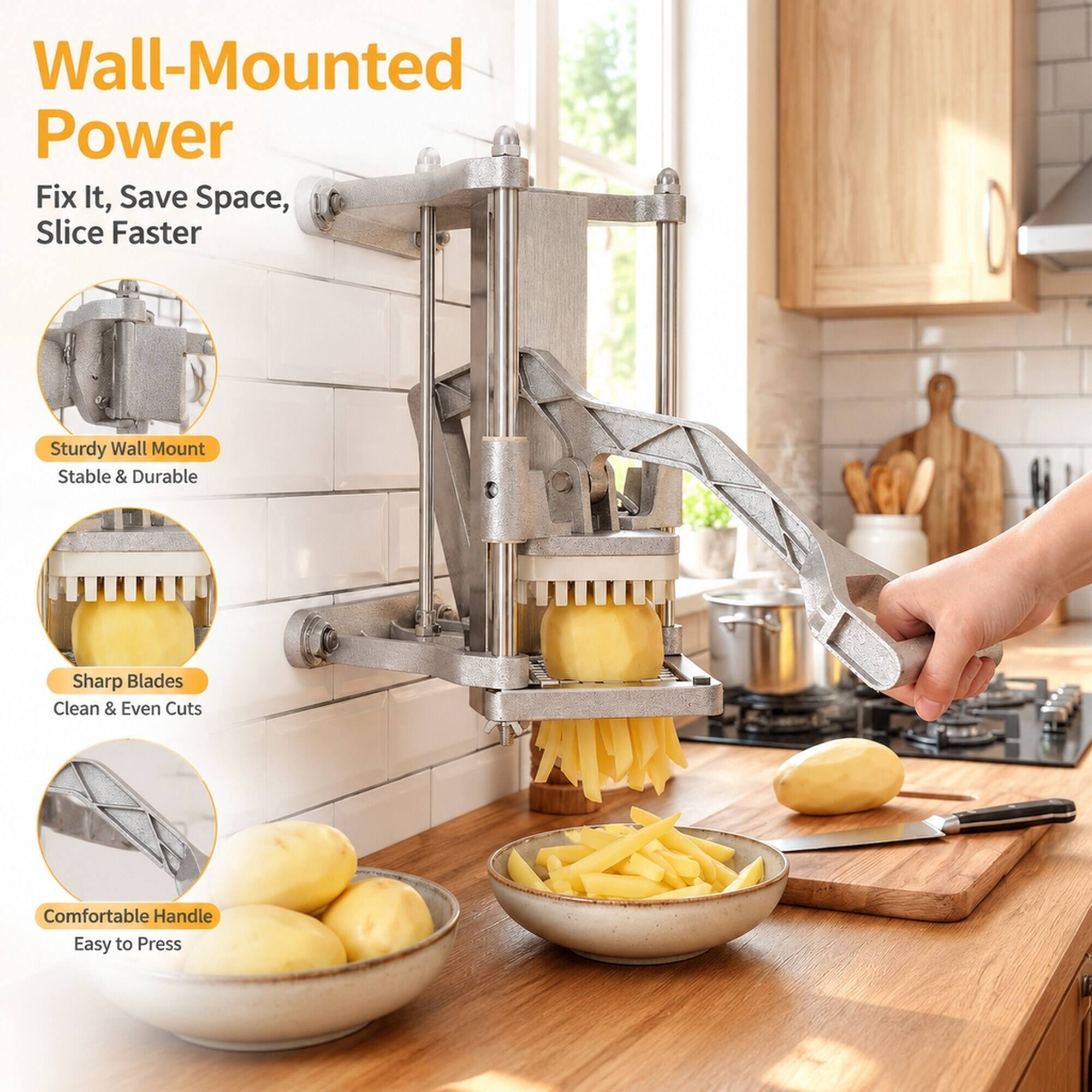 Wall-Mounted Power  
Fix It, Save Space, Slice Faster  

Sturdy Wall Mount  
Stable & Durable  

Sharp Blades  
Clean & Even Cuts  

Comfortable Handle  
Easy to Press
