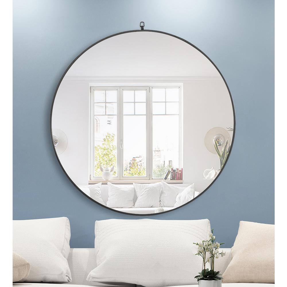 Left. Elegant Decor - Metal frame Round Mirror with decorative hook 48 inch Black finish - Black.
