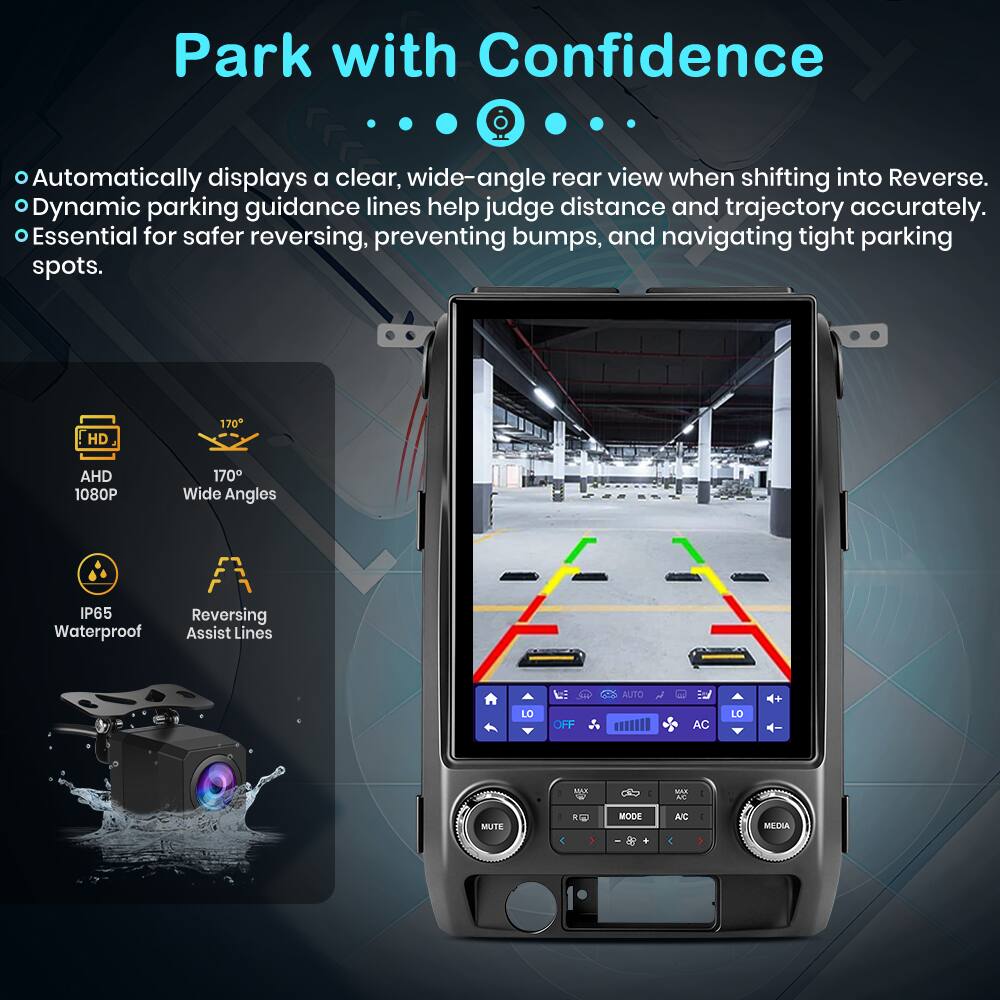 Park with Confidence

- Automatically displays a clear, wide-angle rear view when shifting into Reverse.
- Dynamic parking guidance lines help judge distance and trajectory accurately.
- Essential for safer reversing, preventing bumps, and navigating tight parking spots.

HD AHD 1080P  
170° Wide Angles  
IP65 Waterproof  
Reversing Assist Lines  

AUTO 2 LO OFF AC LD MAA - - MUTE MODE AC MEDA
