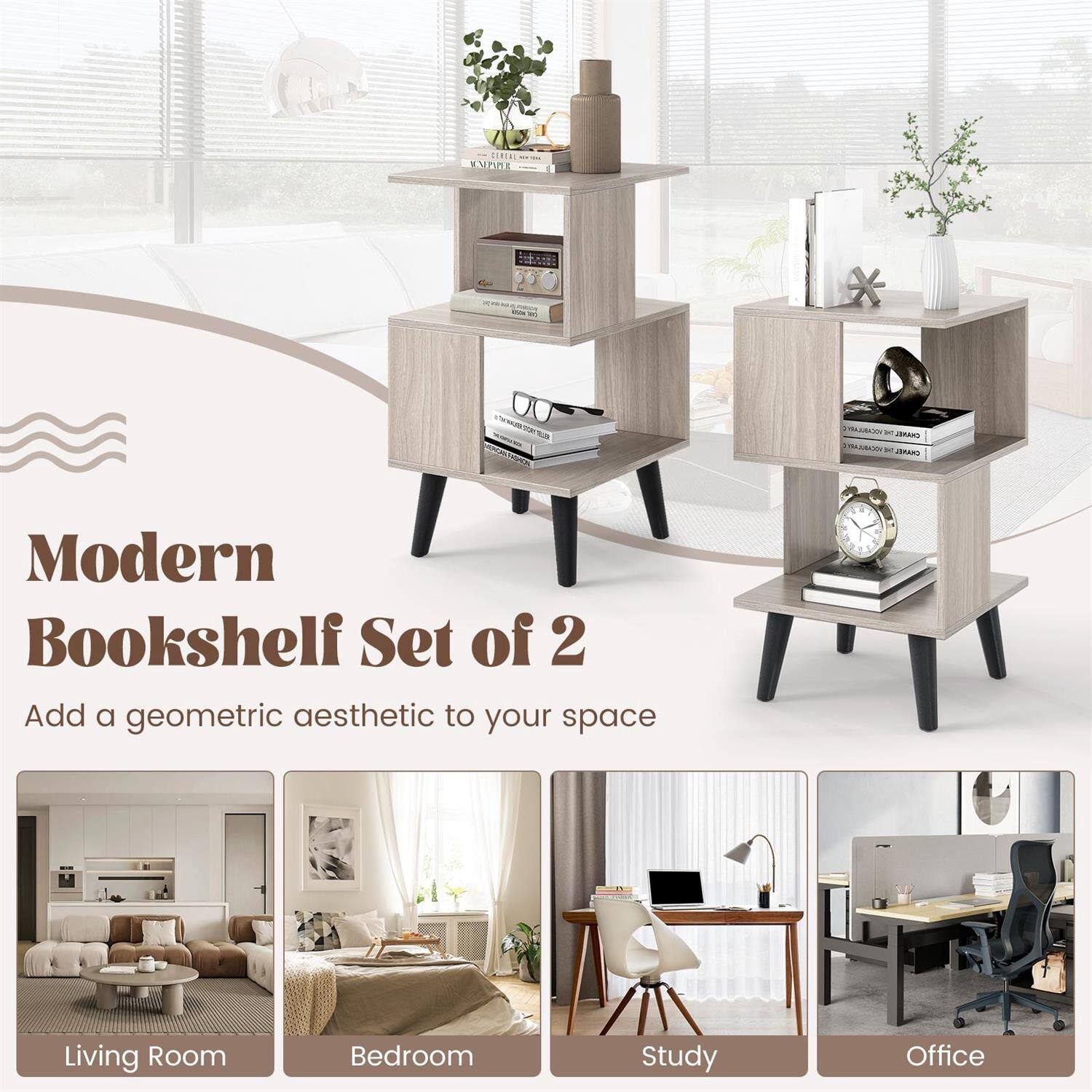Modern Bookshelf Set of 2  
Add a geometric aesthetic to your space  

Living Room  
Bedroom  
Study  
Office