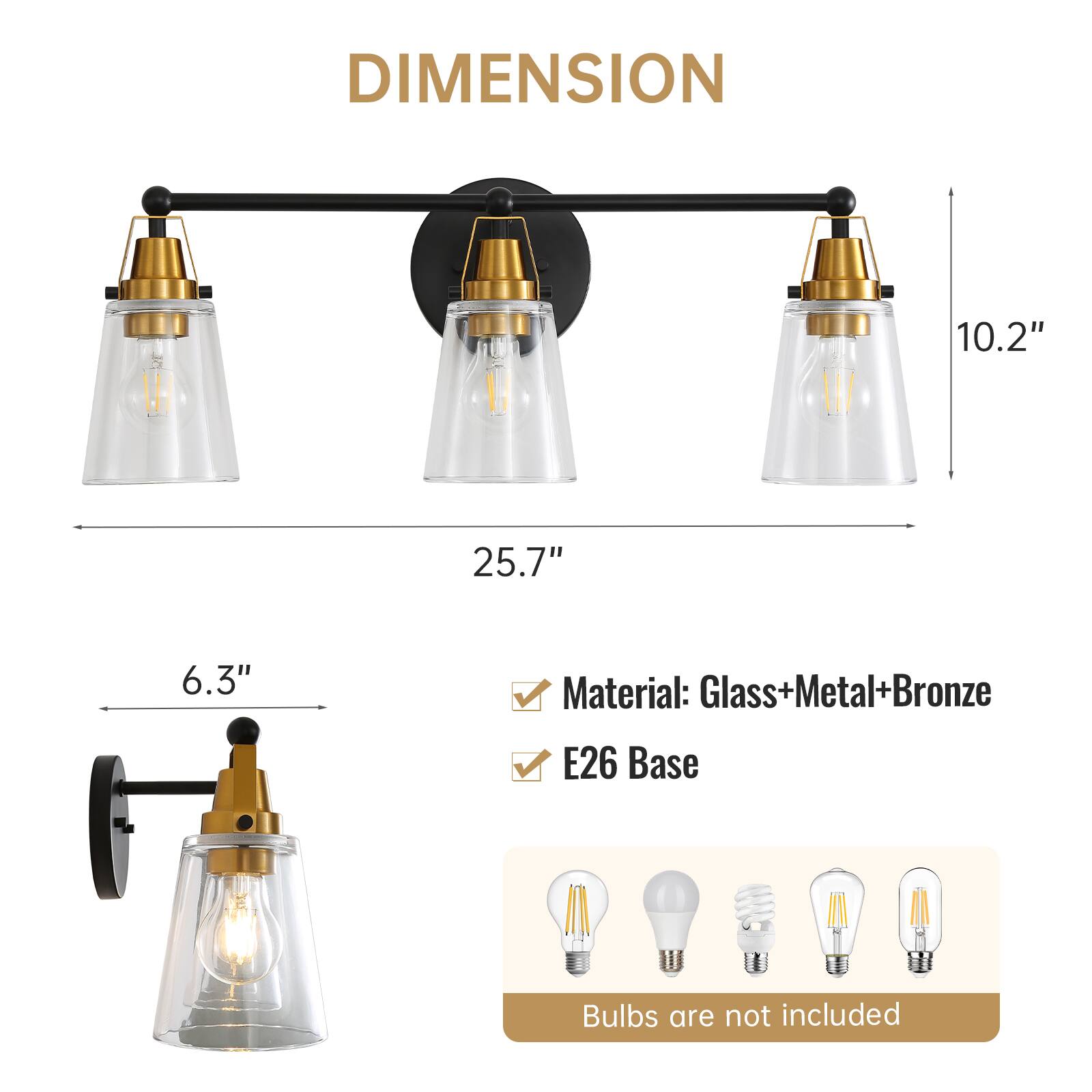 DIMENSION  
10.2"  
25.7"  
6.3"  

Material: Glass+Metal+Bronze  
E26 Base  

Bulbs are not included