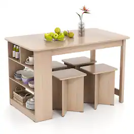 Costway - 5 PCS Dining Table Set with Storage Shelf Rectangular Kitchen Table with 4 Stools - Beige