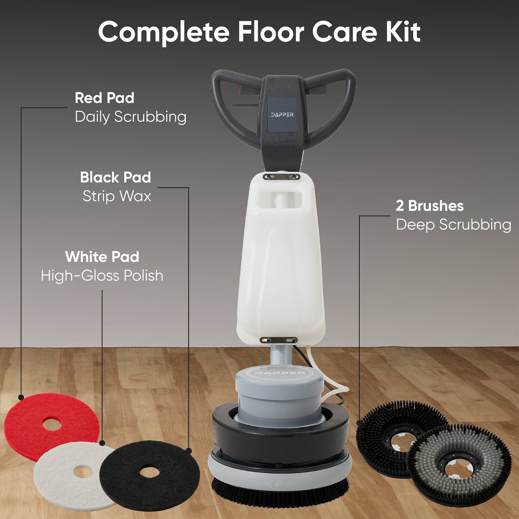 Complete Floor Care Kit

- Red Pad Daily Scrubbing
- Black Pad Strip Wax
- White Pad High-Gloss Polish
- 2 Brushes Deep Scrubbing