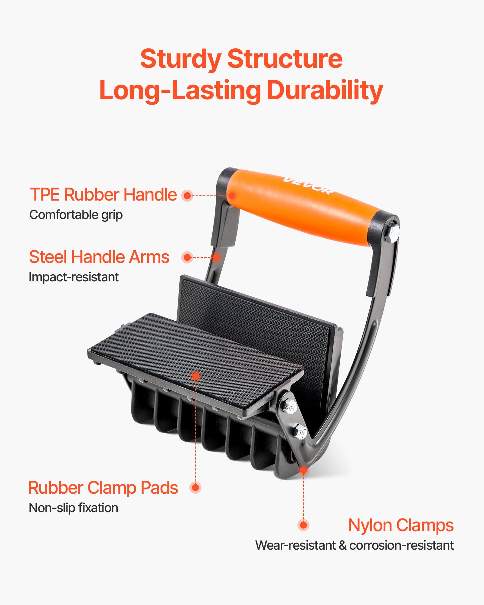 Sturdy Structure  
Long-Lasting Durability  

- TPE Rubber Handle  
  Comfortable grip  

- Steel Handle Arms  
  Impact-resistant  

- Rubber Clamp Pads  
  Non-slip fixation  

- Nylon Clamps  
  Wear-resistant & corrosion-resistant