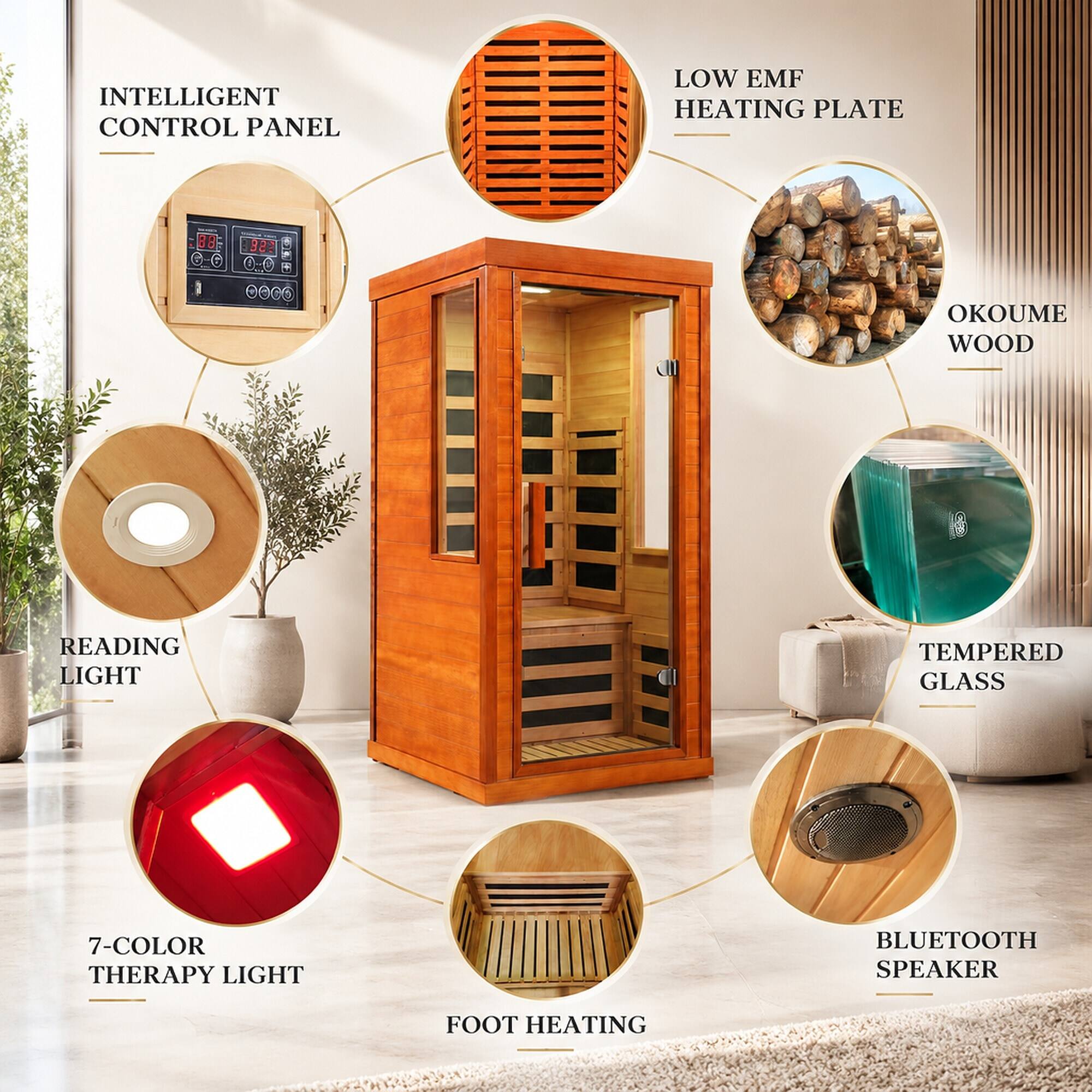 INTELLIGENT CONTROL PANEL  
LOW EMF HEATING PLATE  
OKOUME WOOD  
READING LIGHT  
TEMPERED GLASS  
7-COLOR THERAPY LIGHT  
BLUETOOTH SPEAKER  
FOOT HEATING