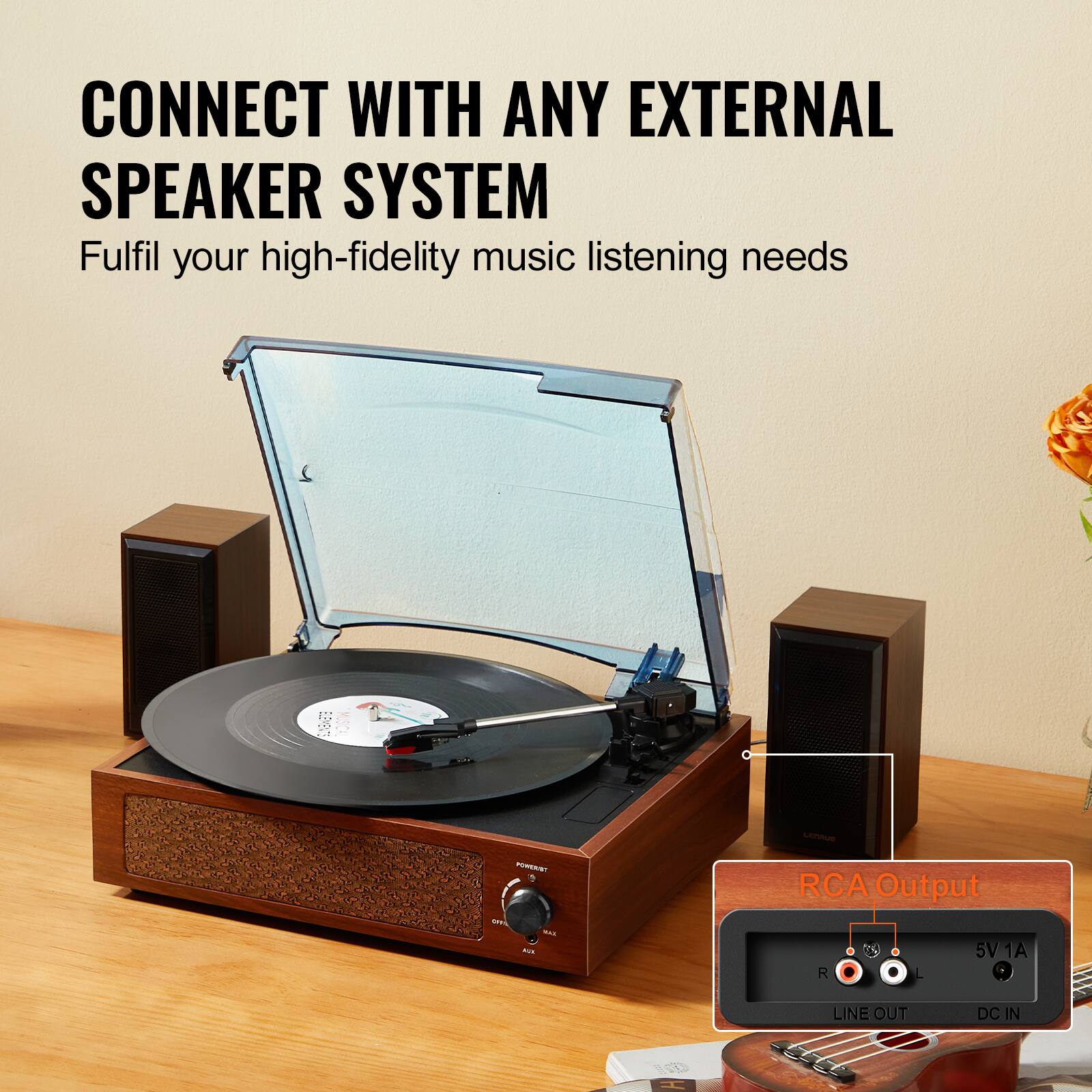 CONNECT WITH ANY EXTERNAL SPEAKER SYSTEM  
Fulfil your high-fidelity music listening needs  

RCA Output  
5V 1A  
LINE OUT  
DC IN