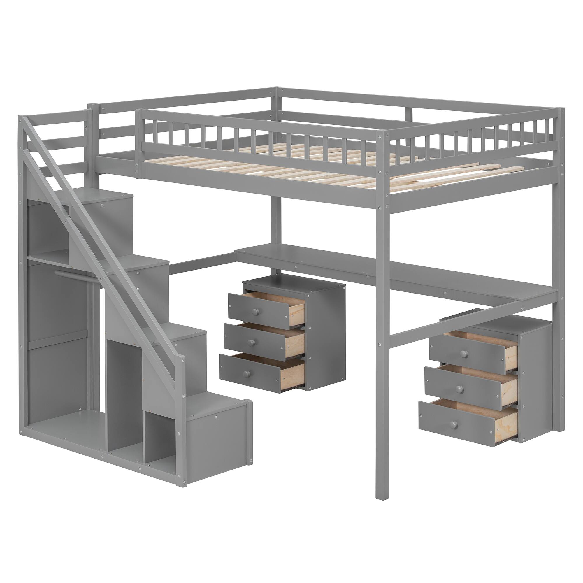 Back. Anysun - Full Size Loft Bed with Two Chest of Drawers, Desk and Light Strip - Gray.