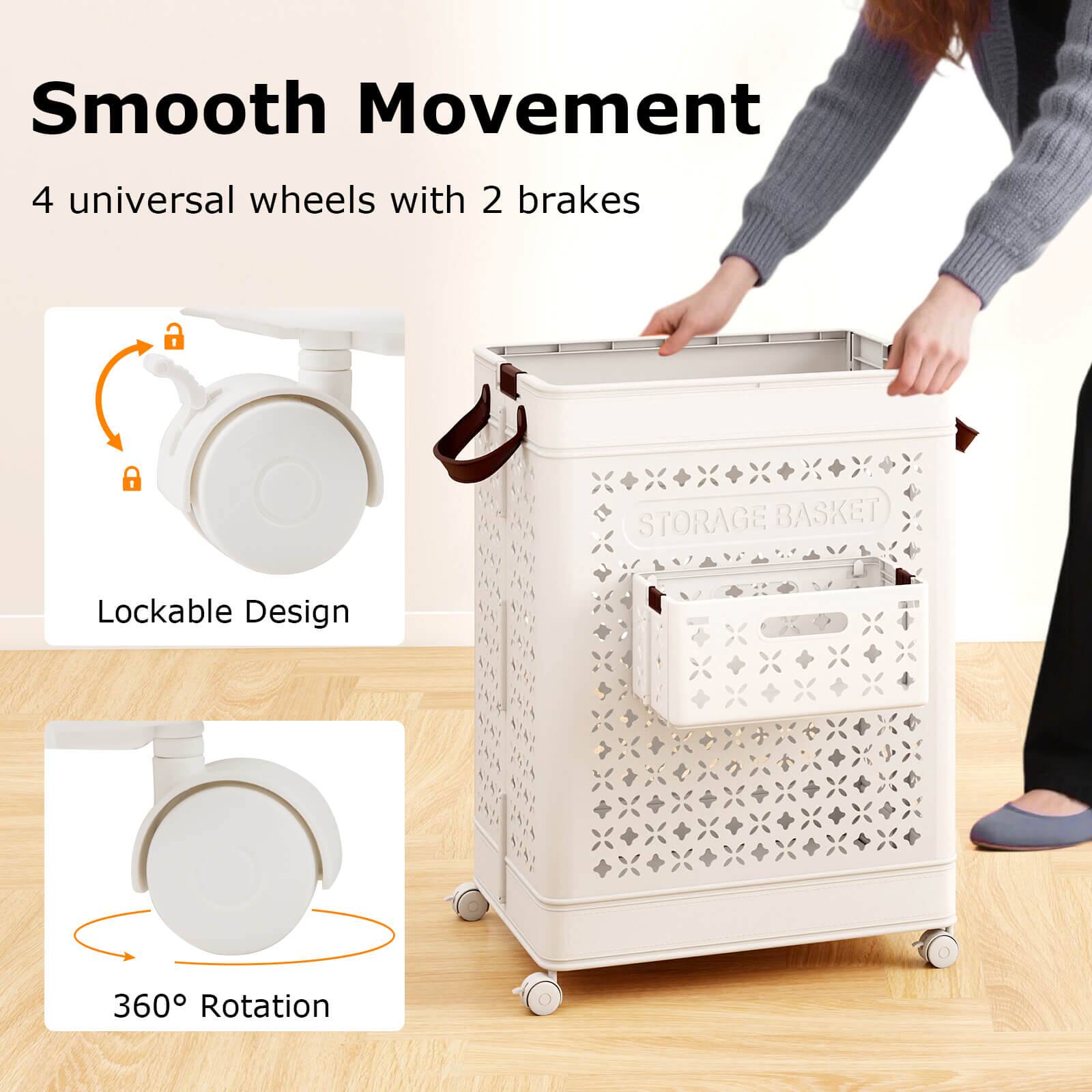 Smooth Movement  
4 universal wheels with 2 brakes  

Lockable Design  

360° Rotation  

STORAGE BASKET
