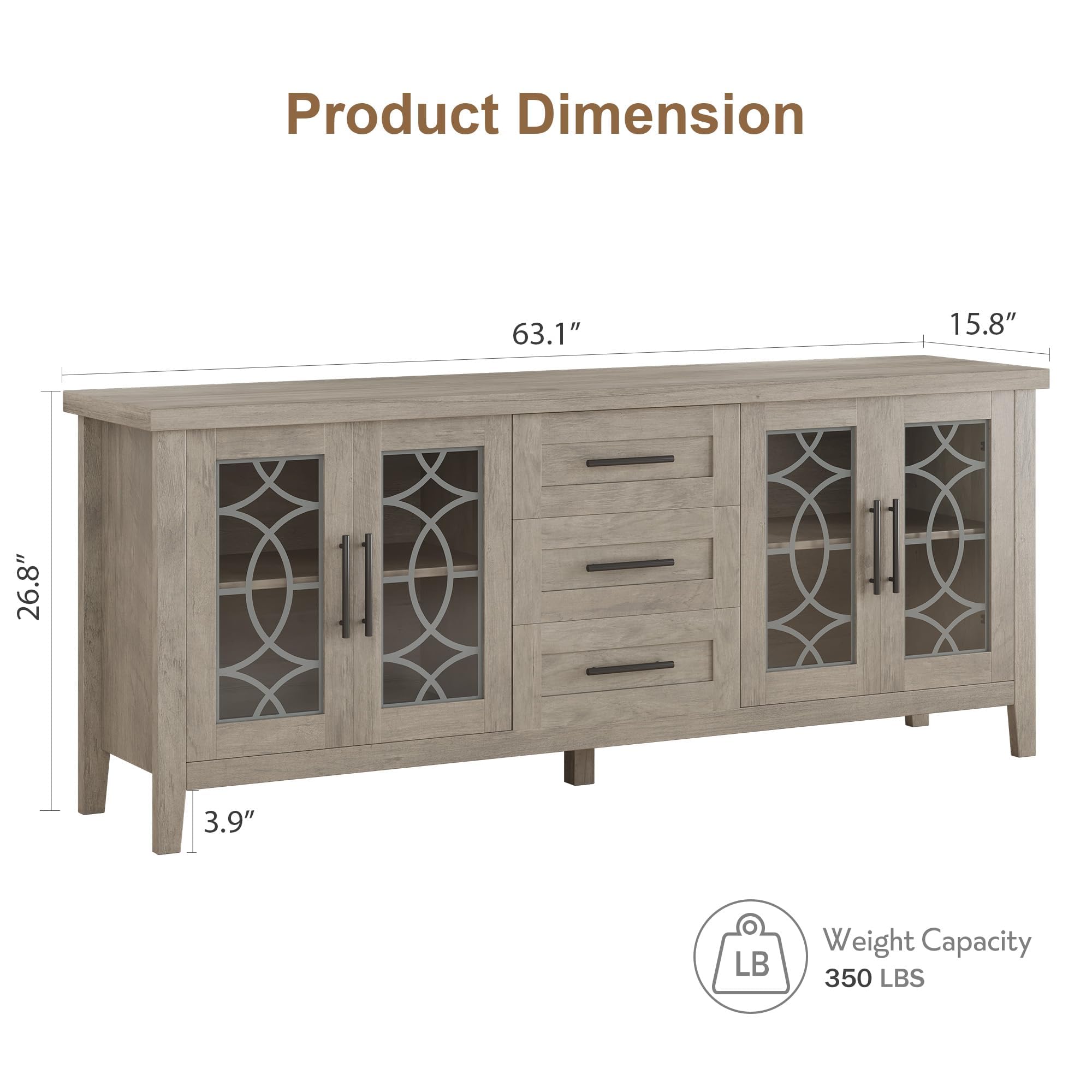 Product Dimension  
63.1" x 15.8" x 26.8" x 3.9"  
Weight Capacity: 350 LBS