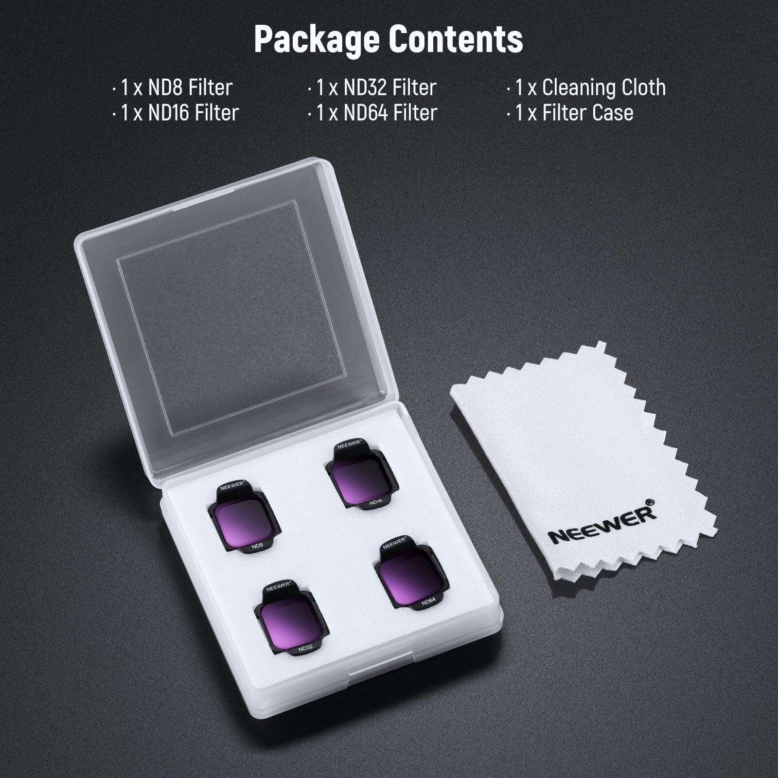 Package Contents

- 1 x ND8 Filter
- 1 x ND16 Filter
- 1 x ND32 Filter
- 1 x ND64 Filter
- 1 x Cleaning Cloth
- 1 x Filter Case