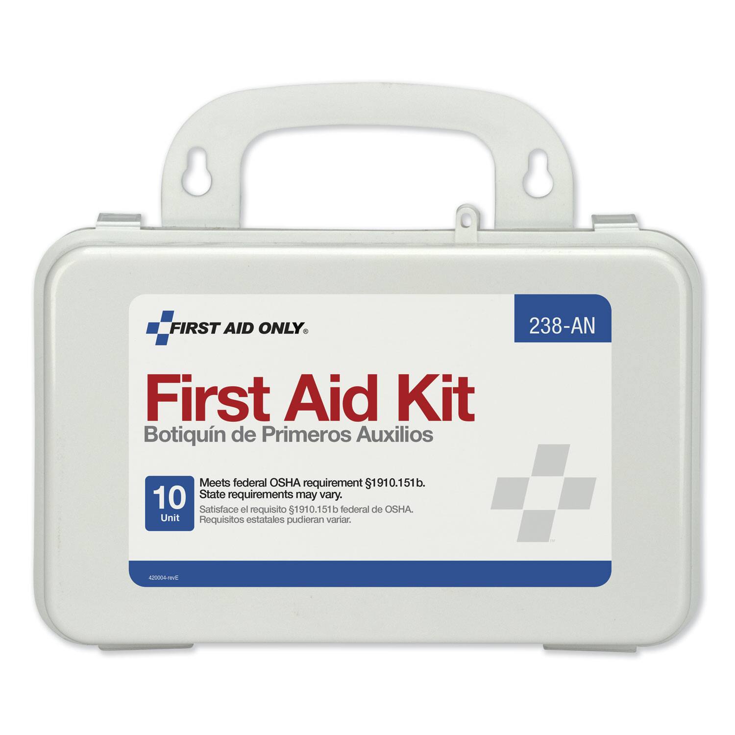 FIRST AID ONLY  
238-AN  
First Aid Kit  
Botiquín de Primeros Auxilios  
Meets federal OSHA requirement 1910.151b.  
10 State requirements may vary.  
Satisface el requisito 1910.151b federal de OSHA.  
Requisitos estatales pudieran variar.  
420006-mvE
