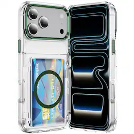 UUCOVER - For Apple iPhone 17 Pro Max Clear Magnetic Case with Hidden Card Holder and Kickstand Dual Layer Shockproof Protection - Green