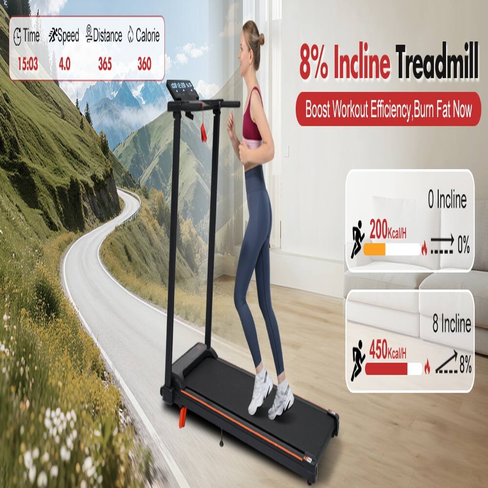 Time: 15:03  
Speed: 4.0  
Distance: 365  
Calorie: 360  

8% Incline Treadmill  
Boost Workout Efficiency, Burn Fat Now  

0 Incline: 200 kcal/H  
8 Incline: 450 kcal/H