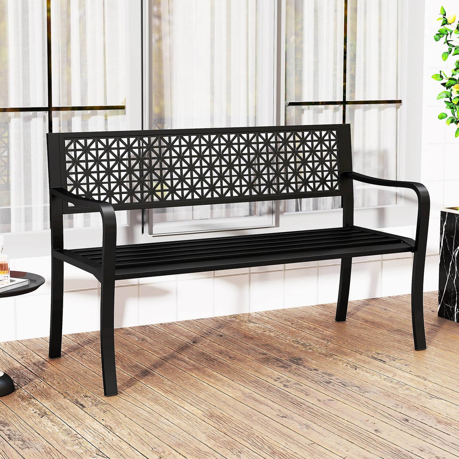 Alt View 1. Costway - Costway 50" Garden Bench with Patterned Backrest and Curved Armrests for Porch Lawn - Black.