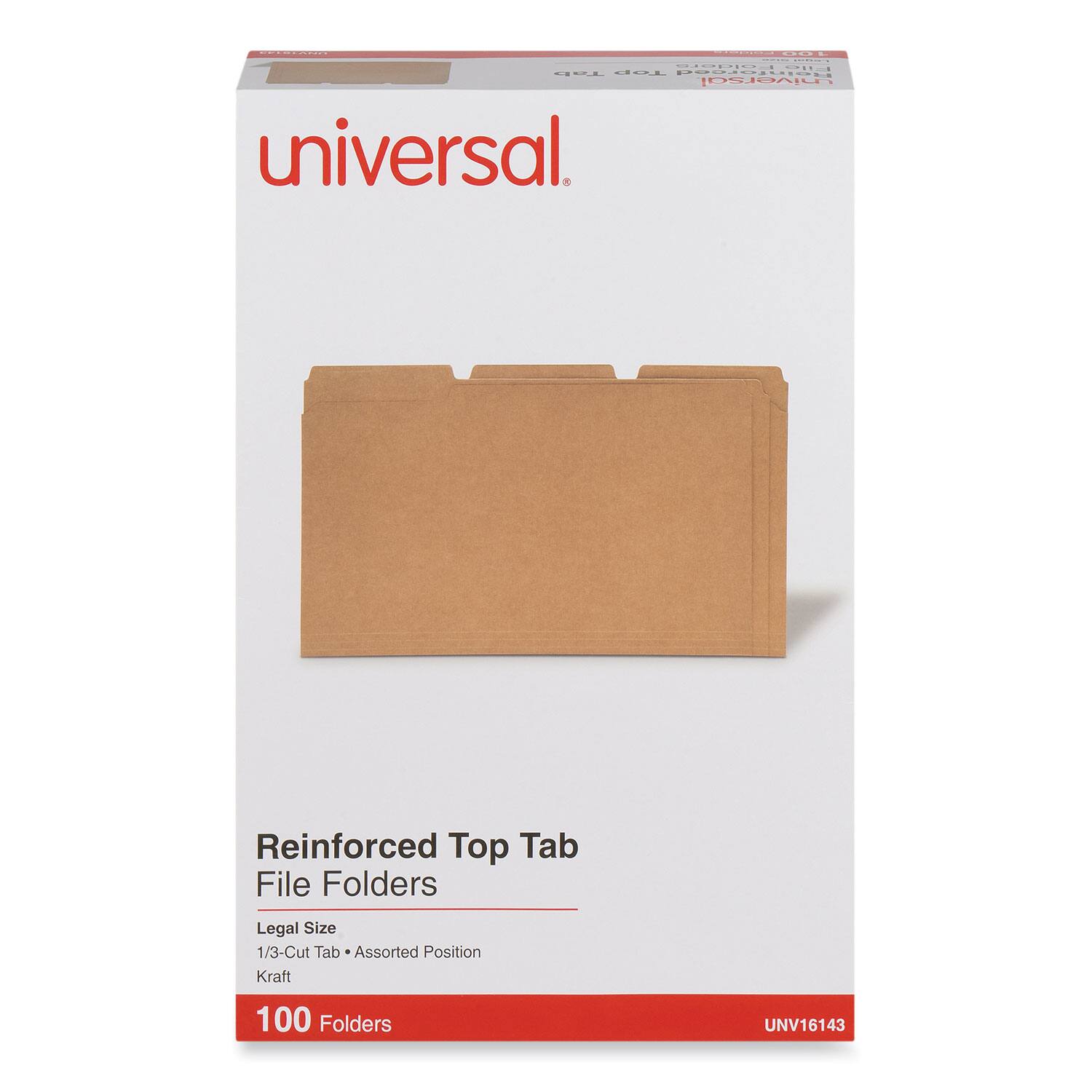 Reinforced Top Tab File Folders  
Legal Size  
1/3-Cut Tab • Assorted Position  
Kraft  
100 Folders  
UNV16143
