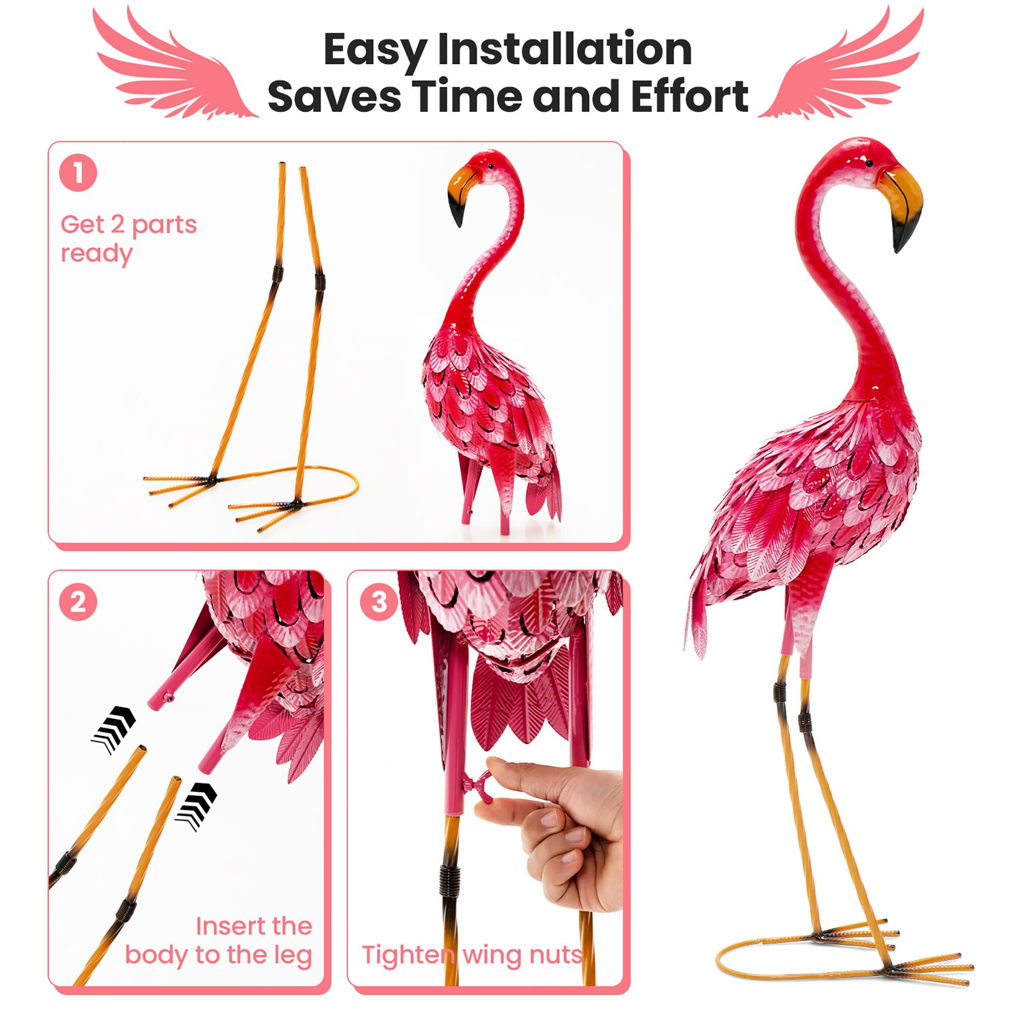 Easy Installation Saves Time and Effort:

1. Get 2 parts ready.
2. Insert the body into the leg.
3. Tighten wing nuts.