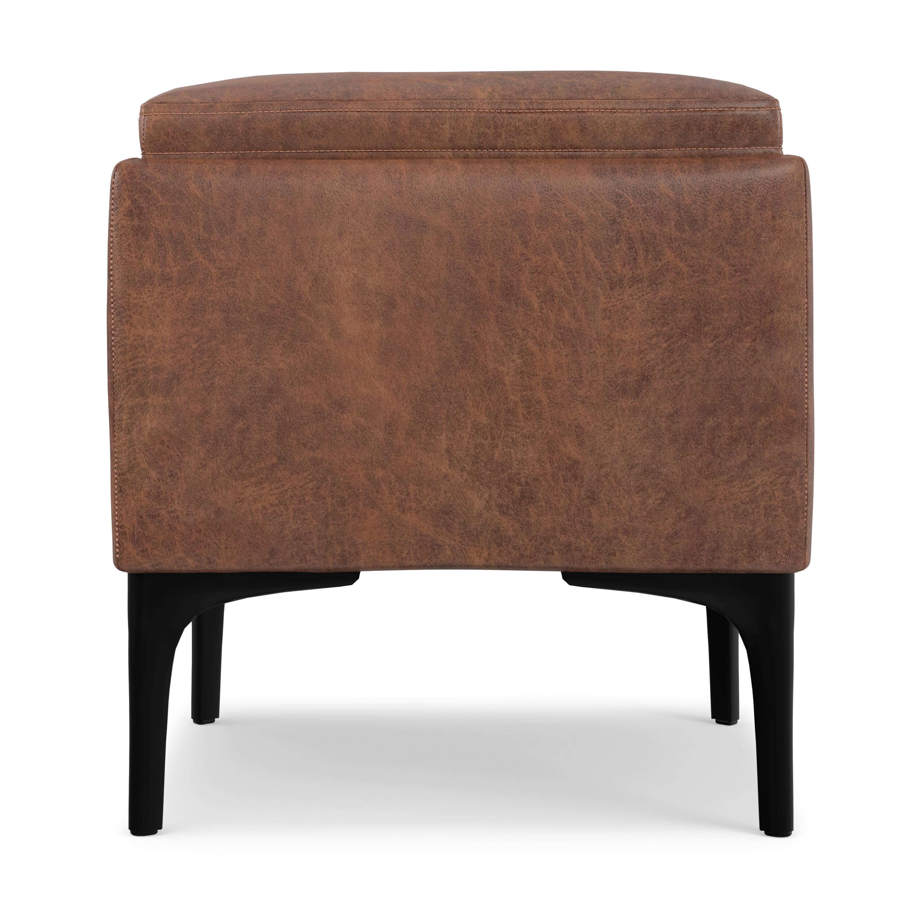 Alt View 2. Simpli Home - Natasha 18 inch Square Mid Century Storage Ottoman with Tray in Distressed Saddle Brown  Vegan Faux Leather, Assembled - Distressed Saddle Brown.