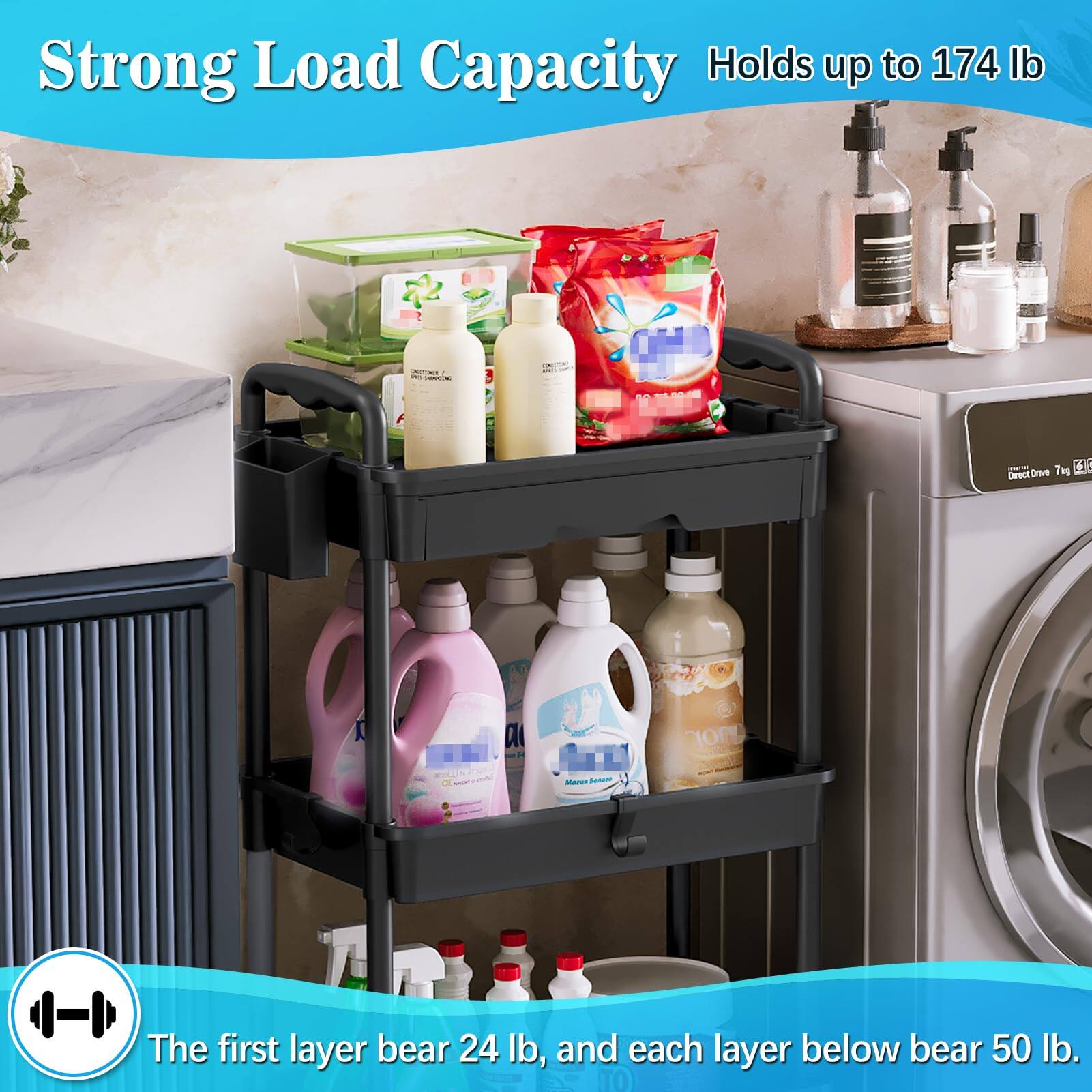 Strong Load Capacity  
Holds up to 174 lb  

The first layer bear 24 lb, and each layer below bear 50 lb.