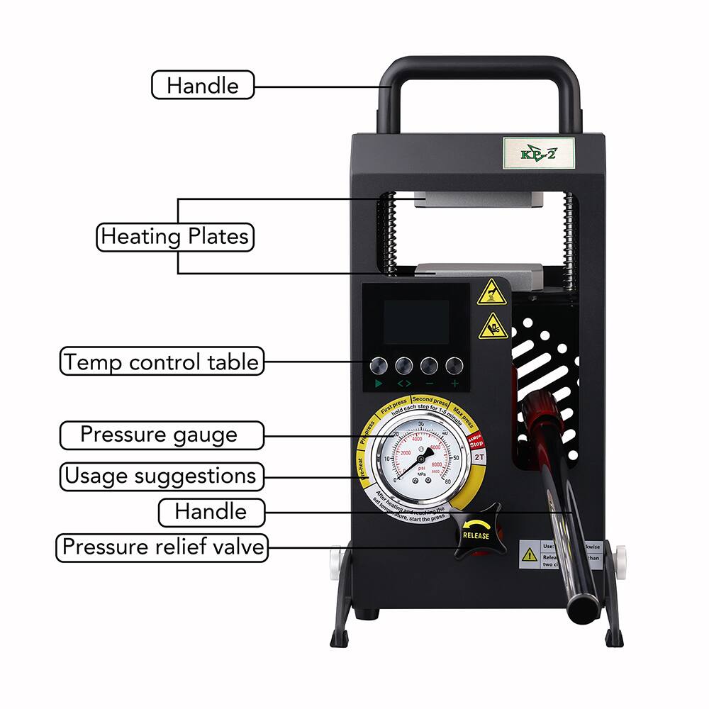 - Handle
- Heating Plates
- Temp control table
- Pressure gauge
- Usage suggestions
- Handle
- Pressure relief valve