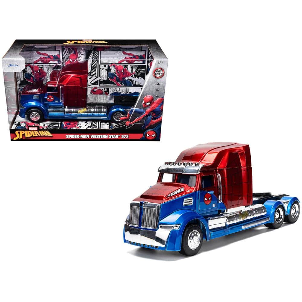 Western Star 57X Truck Tractor "Spider-Man" "Hollywood Rides" Series 1/24 Diecast Model by Jada - Blue and Red Metallic