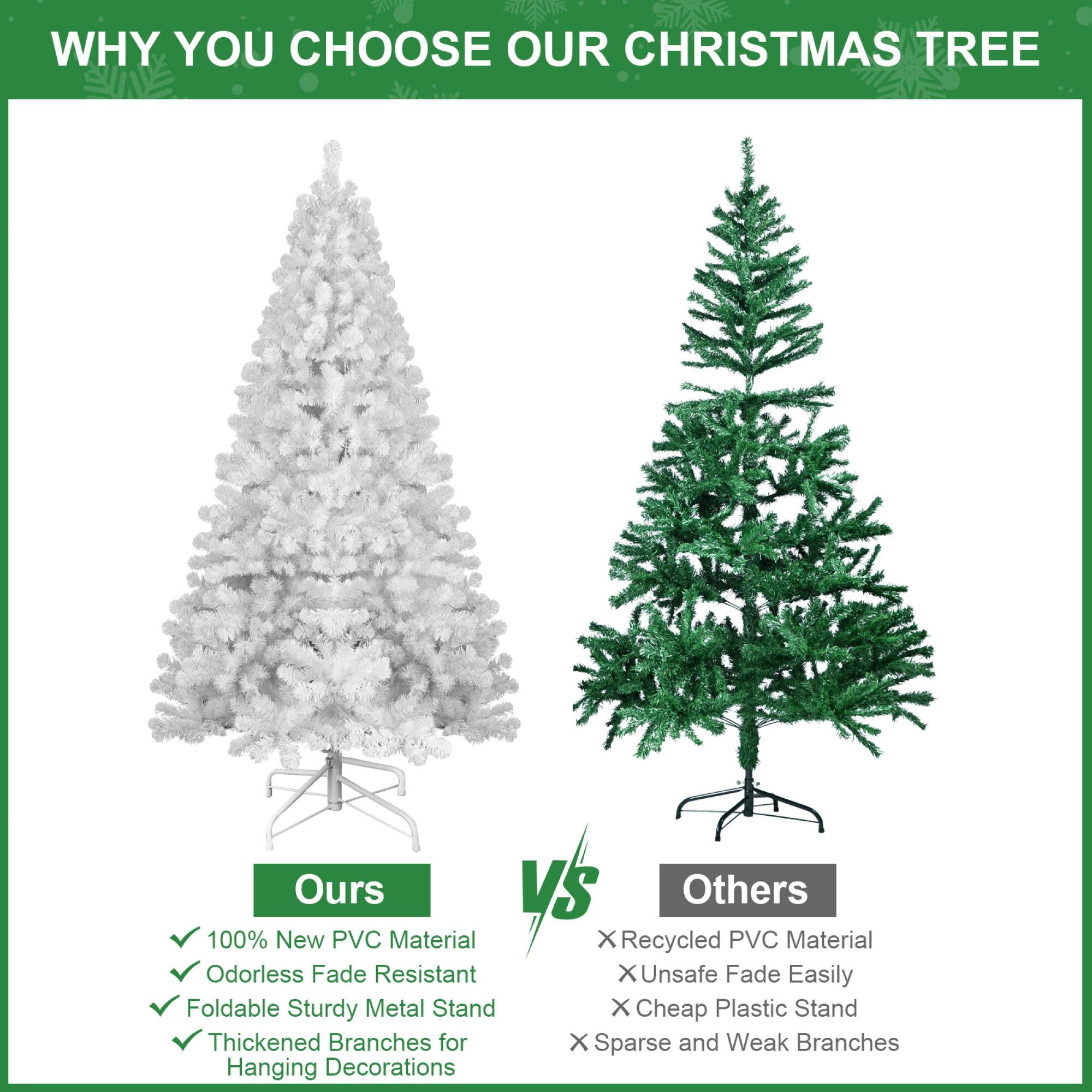 WHY YOU CHOOSE OUR CHRISTMAS TREE

Ours vs Others

Ours
- 100% New PVC Material
- Odorless Fade Resistant
- Foldable Sturdy Metal Stand
- Thickened Branches for Hanging Decorations

Others
- Recycled PVC Material
- Unsafe Fade Easily
- Cheap Plastic Stand
- Sparse and Weak Branches