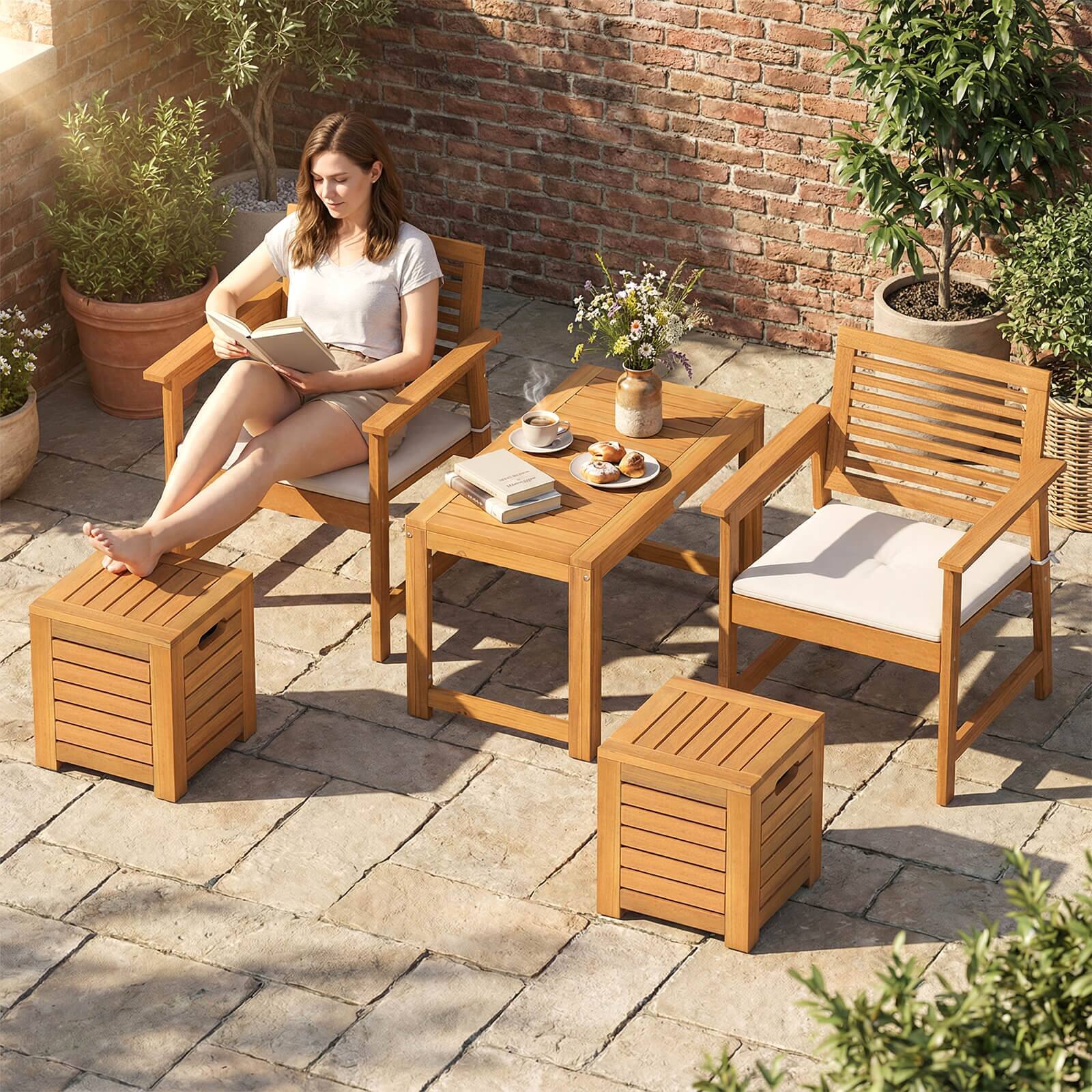 Alt View 3. Costway - Costway 3PCS Patio Rectangular Table and Stools Set with Hidden Storage Space for Balcony - Natural.