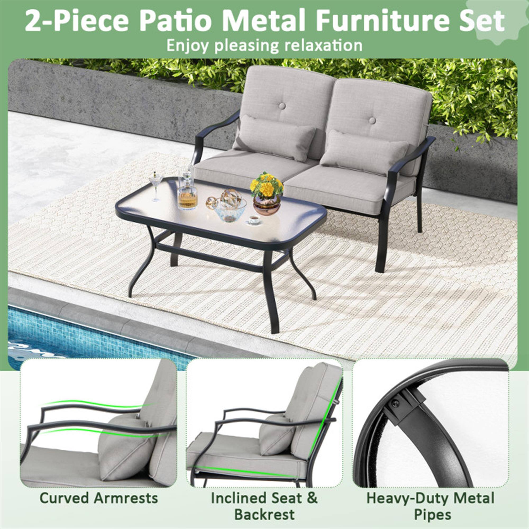 2-Piece Patio Metal Furniture Set  
Enjoy pleasing relaxation  

- Curved Armrests  
- Inclined Seat & Backrest  
- Heavy-Duty Metal Pipes