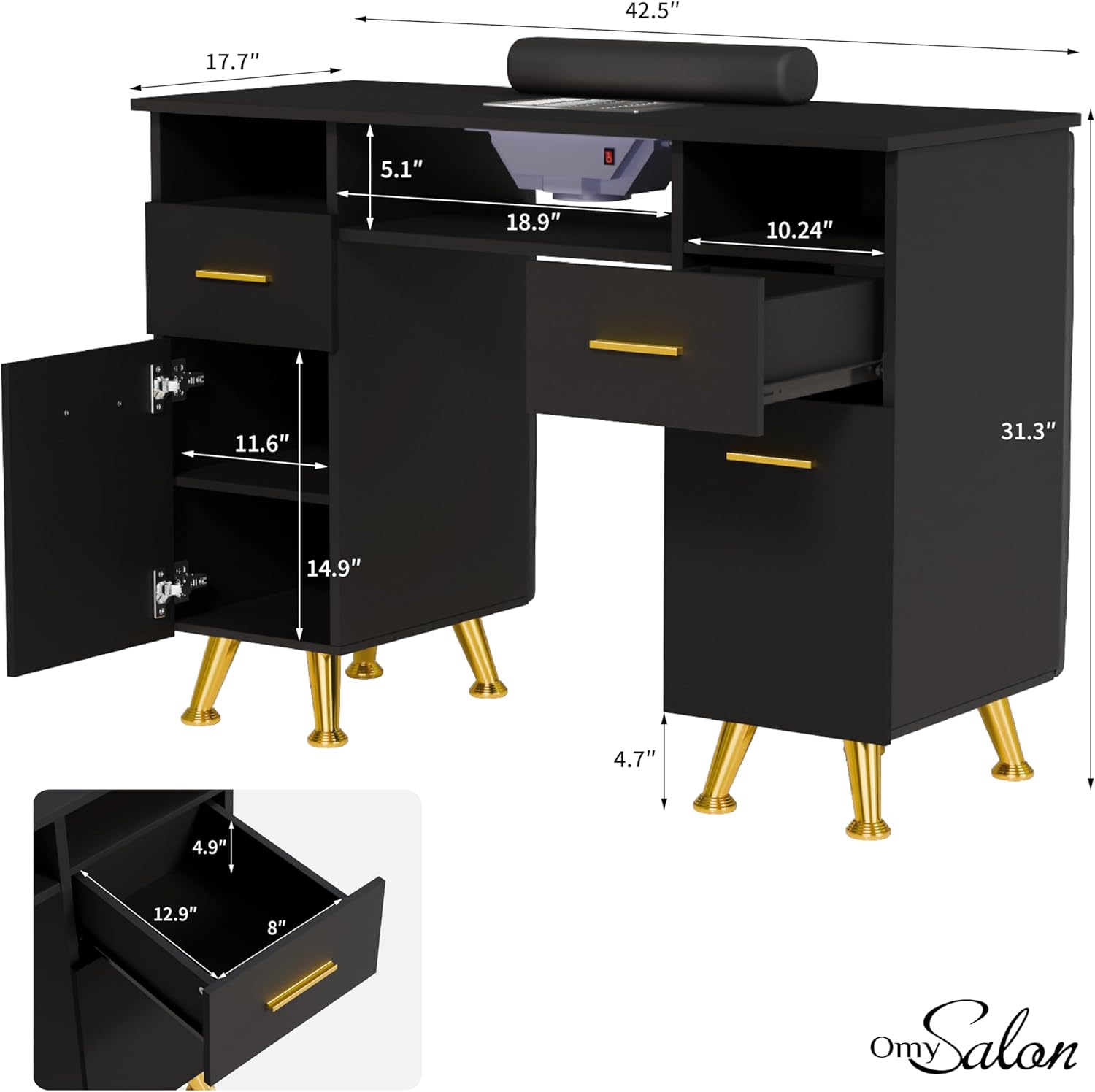 42.5" 17.7" 5.1" 18.9" 10.24" 11.6" 31.3" 14.9" 4.7" 4.9" 12.9" 8"  
Omy Salon