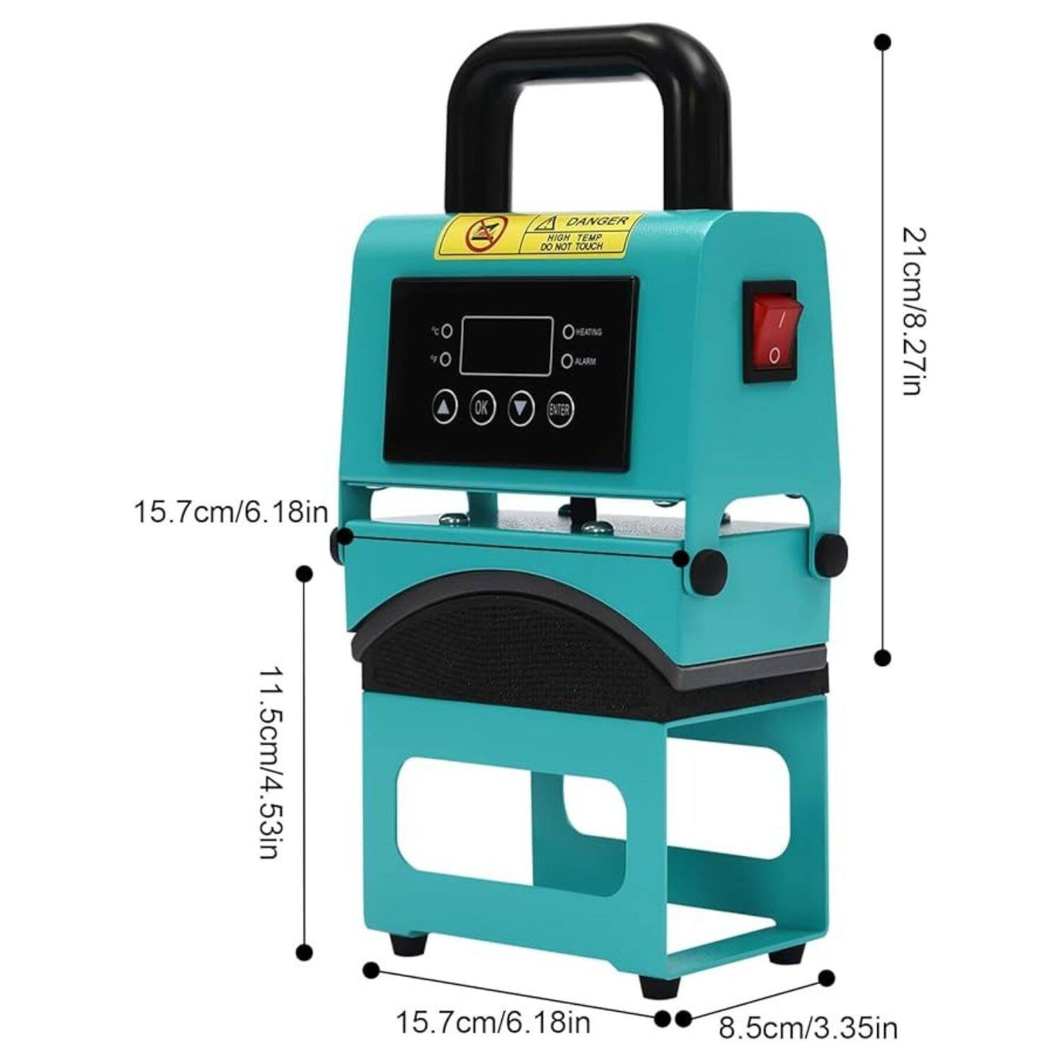 The corrected and grouped measurements from the image are:

- Height: 21 cm / 8.27 in
- Width: 15.7 cm / 6.18 in
- Depth: 11.5 cm / 4.53 in
- Handle height: 18 in
- Base width: 15.7 cm / 6.18 in
- Base depth: 8.5 cm / 3.35 in