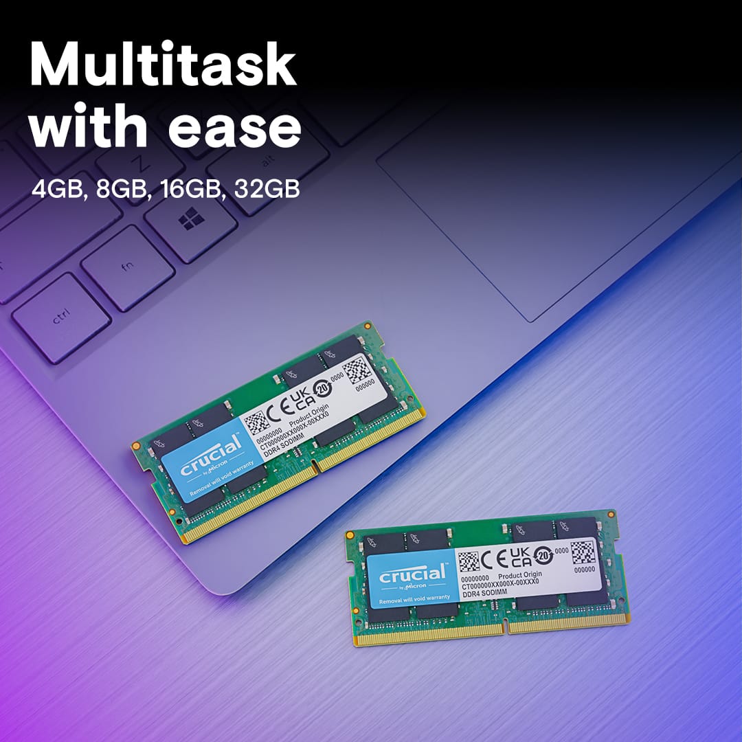 Multitask with ease. Crucial 4GB, 8GB, 16GB, 32GB SODIMM.