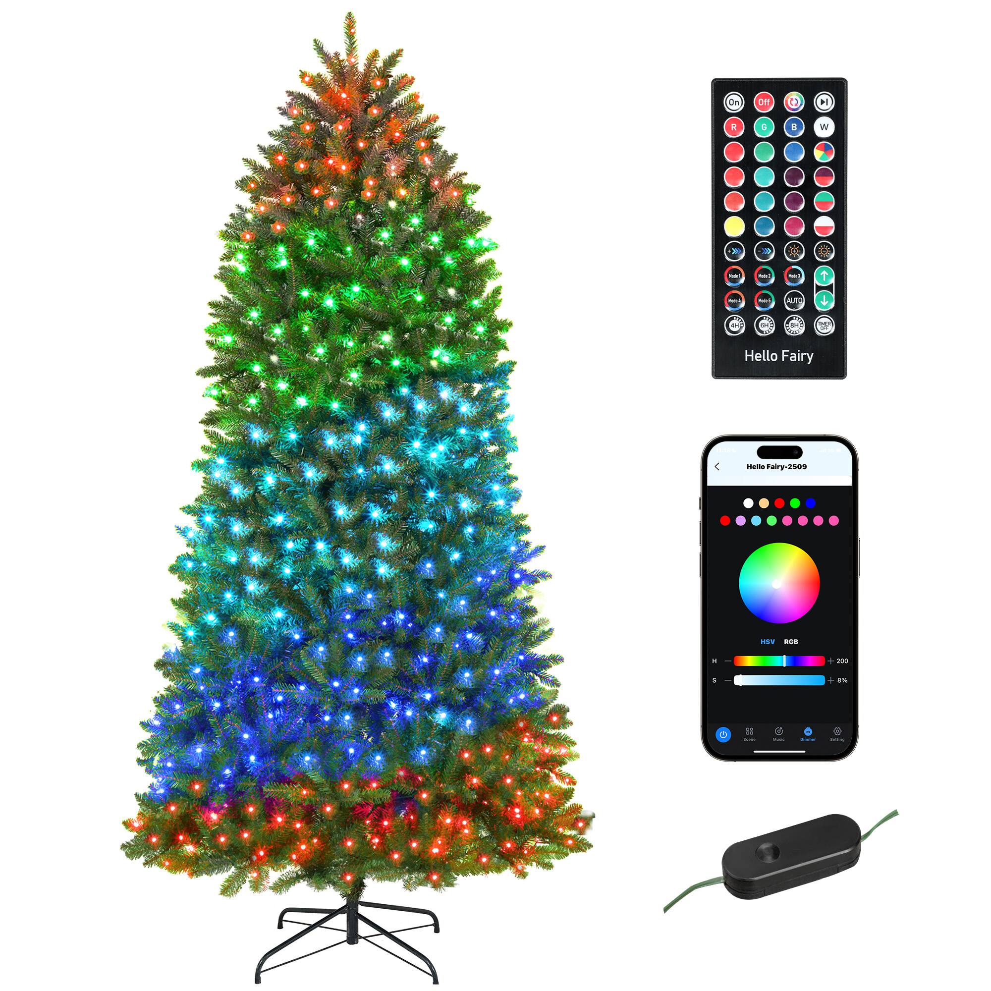 Homcom - Smart Prelit Christmas Tree, Full-Spectrum RGB Dimmable LEDs, App & Remote Control, Wide Full Hinged - Green