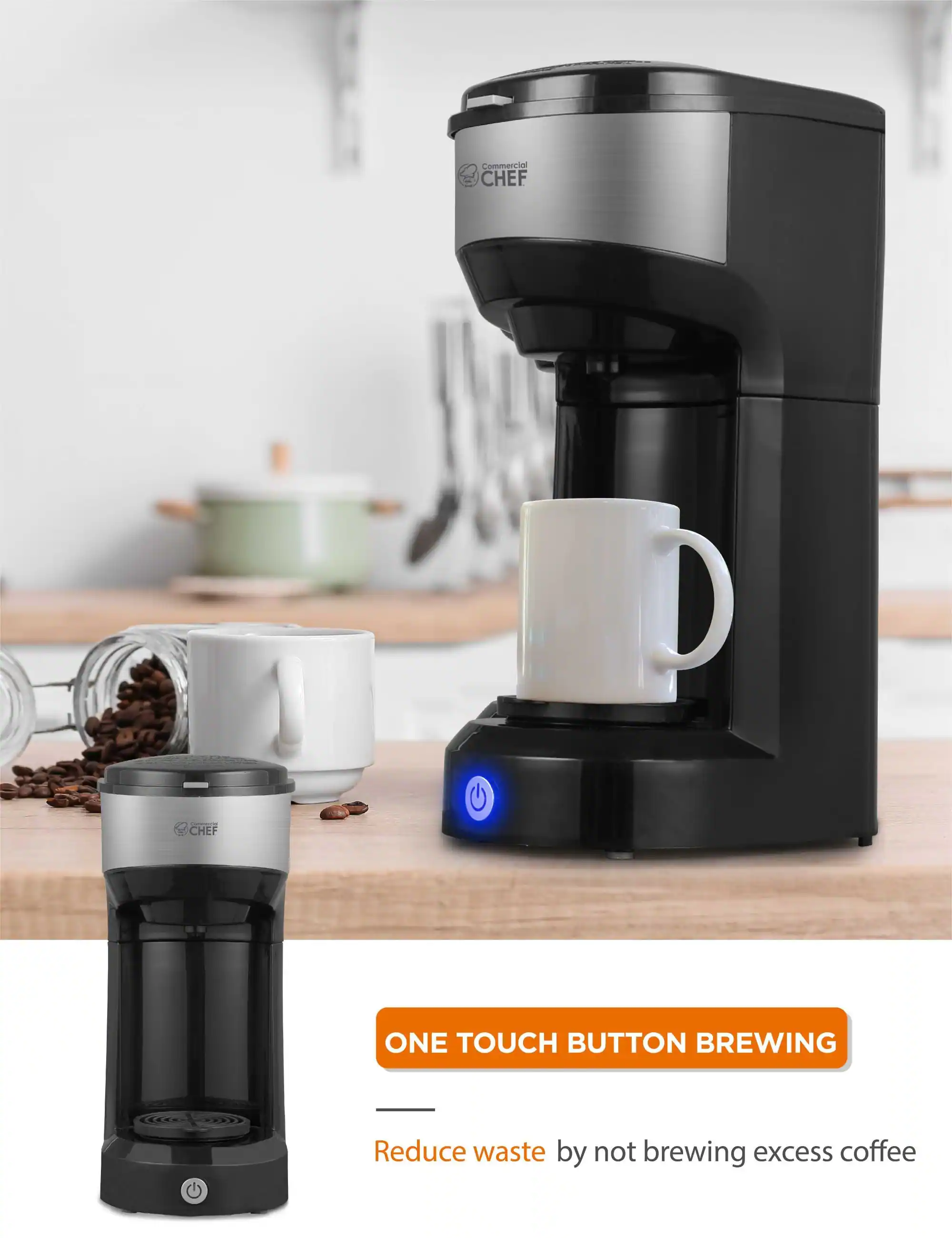 Commercial CHEF, ONE TOUCH BUTTON BREWING, Reduce waste by not brewing excess coffee
