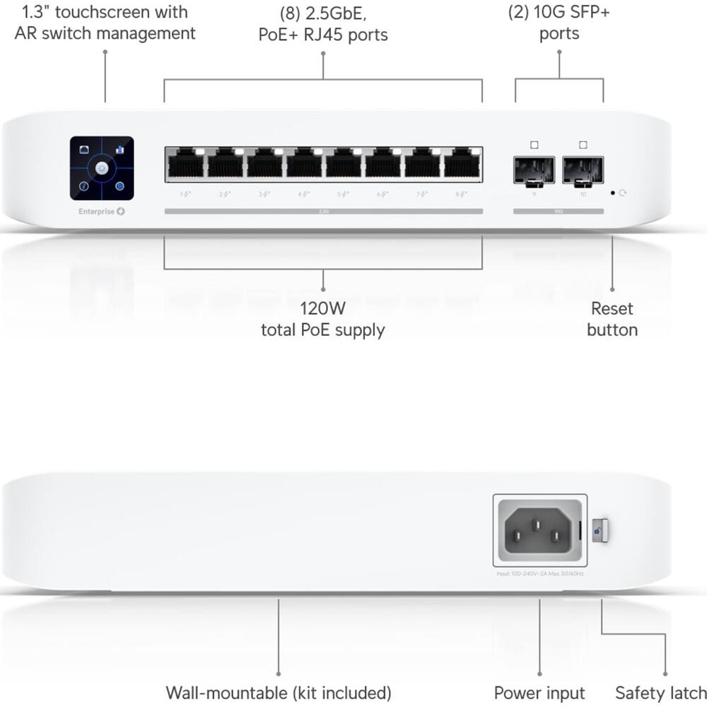 1.3" touchscreen with AR switch management  
(8) 2.5GbE, PoE+ RJ45 ports  
(2) 10G SFP+ ports  
120W total PoE supply  
Reset button  
Wall-mountable (kit included)  
Power input  
Safety latch