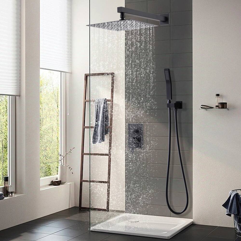 Back. JUJABU - 12" Ceiling Mount Matte Black Luxury Rainfall Mixer Shower System Combo Set - Mattle Black.